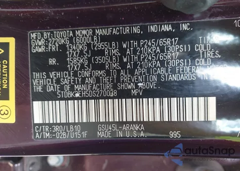 2013 Toyota Highlander Se V6 from USA, damaged, VIN 5TDBK3EH5DS270038